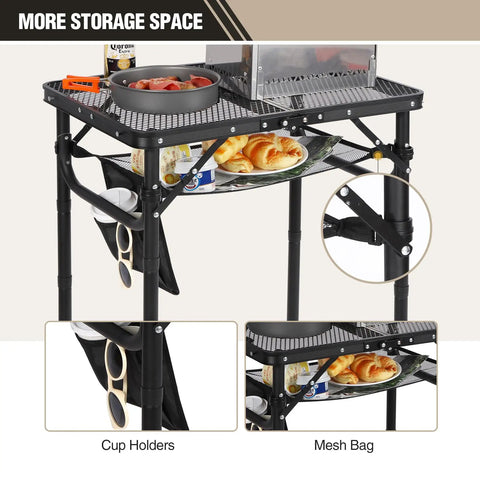 Small Folding Grill Table For Outdoors With Three Adjustable Heights Lightweight Portable Aluminum Camp Table For Camping Picnics BBQ Black 24 By 16 Inches with storage.