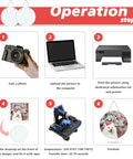 Instructions for using Six Round Sublimation Door Hanger Blanks For DIY Wall Decor with camera, computer, printer, and heat press.