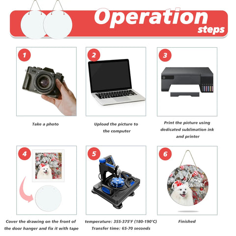 Instructions for using Six Round Sublimation Door Hanger Blanks For DIY Wall Decor with camera, computer, printer, and heat press.