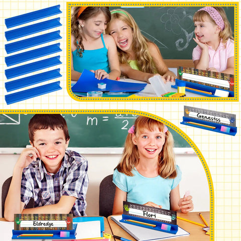 Classroom Desk Name Plate Holder And Index Card Organizer For Students with smiling kids interacting at desk.