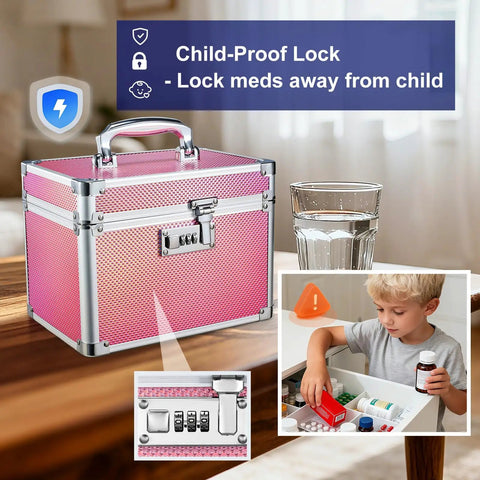 Pink Three Digit Combination Lock Box For Medication And Valuables Portable Locking Storage Case with child-proof feature