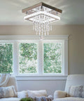 Square Crystal Chandelier LED Flush Mount Ceiling Light For Bedroom Dining Room Hallway And Bar Dope Modern Crystal Pendant Lamp With K9 Crystals Cool White Glow Elegant Living Room Fixture installed in elegant room.