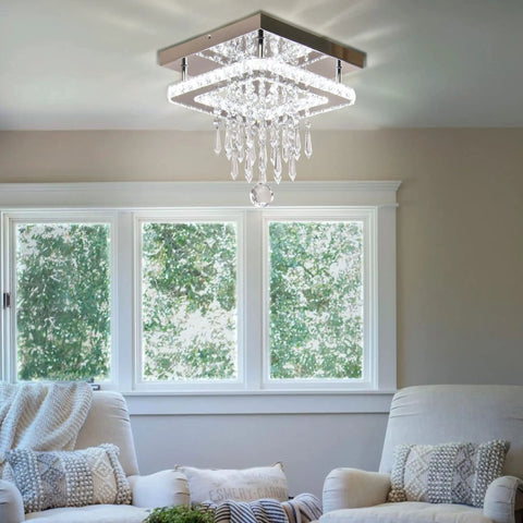 Square Crystal Chandelier LED Flush Mount Ceiling Light For Bedroom Dining Room Hallway And Bar Dope Modern Crystal Pendant Lamp With K9 Crystals Cool White Glow Elegant Living Room Fixture installed in elegant room.
