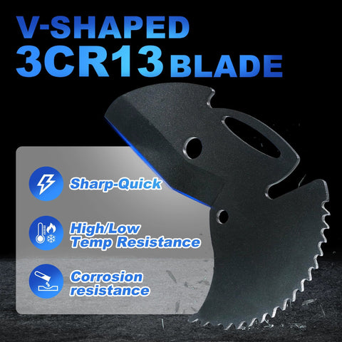 Pacmann PVC pipe cutter close-up showing V-shaped 3CR13 blade; heavy-duty ratchet tool
