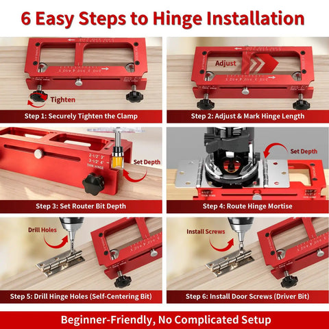 6 steps for using Heavy Duty Door Hinge Jig For Router Rock Solid 6061 Aluminum adjustable mortise template.
