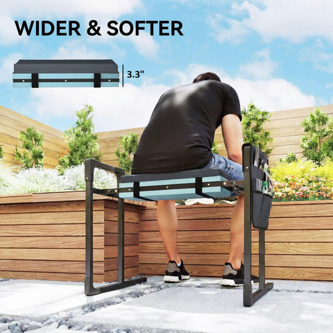 Man sitting on 330 Pound Heavy Duty Garden Kneeler and Seat with foldable frame and thick kneeling pad in garden setting.