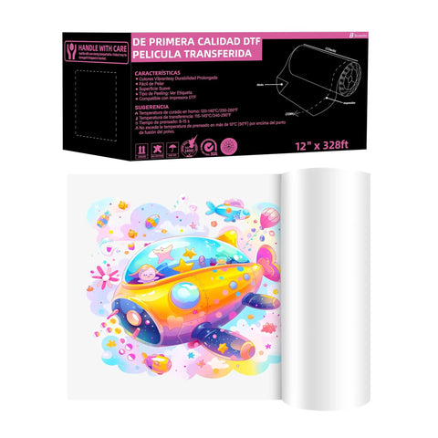 Unrolled premium double sided transfer film roll for direct to film printing with vibrant spaceship design, 12 inch by 328 feet.