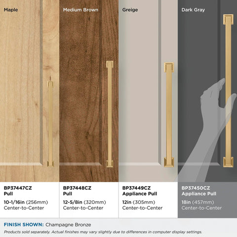 Comparison of Lintel appliance pulls in Champagne Bronze, featuring 18 inch center-to-center pull for paneled appliances, style BP37450CZ.