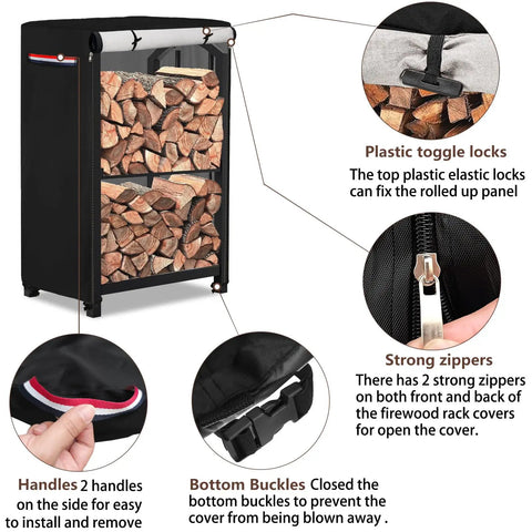 Heavy-Duty 600D Waterproof Firewood Rack Cover For 2-Tier Racks with toggle locks and zippers, black, shown on wood storage.