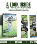 Golf Cheat Sheets Pocket Guide: spiral-bound guide with visual tips, open to show course reference pages for quick swing focus guidance.