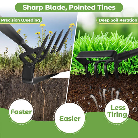 2 In 1 Heavy Duty Garden Hoe With 62 Inch Long Handle, dual sharp blade and pointed tines for weeding and soil aeration in grass