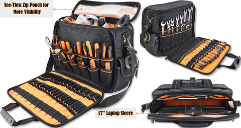 88 Pocket Electrician Tool Bag With 3 Large Compartments And 35L Capacity, Padded 17 Inch Laptop Sleeve, Built For Electricians, Technicians, HVAC Pros And Mobile Techs Who Need Serious Organization