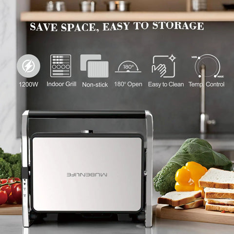 Mubenlife Multi Use Electric Panini Press and Contact Sandwich Grill, 1200W indoor grill with non-stick plates and adjustable temperature.