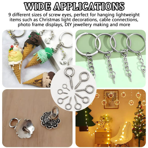 Dang Solid 195 Piece Nickel Plated Eye Screw Assortment Kit Featuring Self Tapping Hooks and Heavy Duty Eyelets in Multiple Inch Sizes for hanging lightweight decorations and DIY projects.