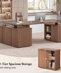 Hustle Ready L Shaped Electric Standing Desk Height Adjustable Executive Table With Walnut Finish sliding door cabinet detail.