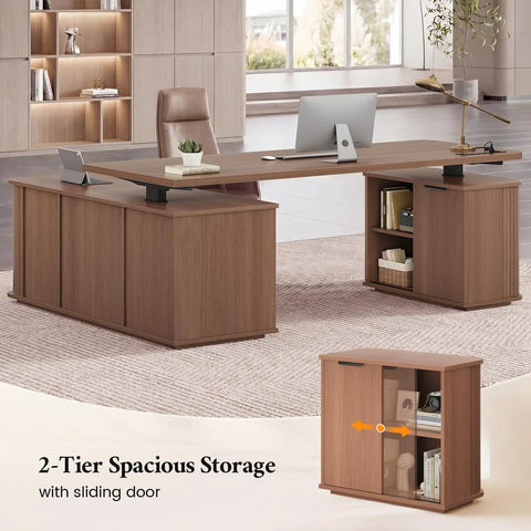 Hustle Ready L Shaped Electric Standing Desk Height Adjustable Executive Table With Walnut Finish sliding door cabinet detail.