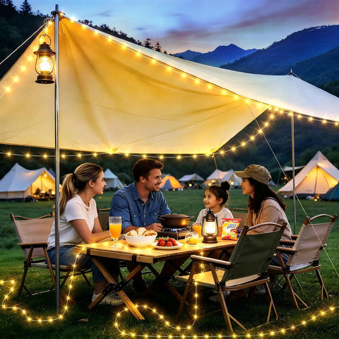 Family enjoying evening under tent with Camping String Lights 33Ft Long With 100 LEDs Rechargeable Outdoor Lights USB Powered