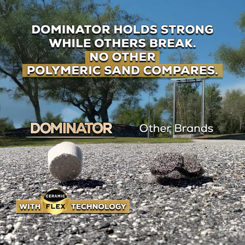 Comparison of Dominator 10 Pound Natural Ivory Polymer Sand With Ceramic Flex Technology and other brands on pavement.