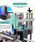 Adjustable height feature and label sensor of No Sweat Automatic Desktop Labeling Machine With Conveyor Belt for precise labeling.