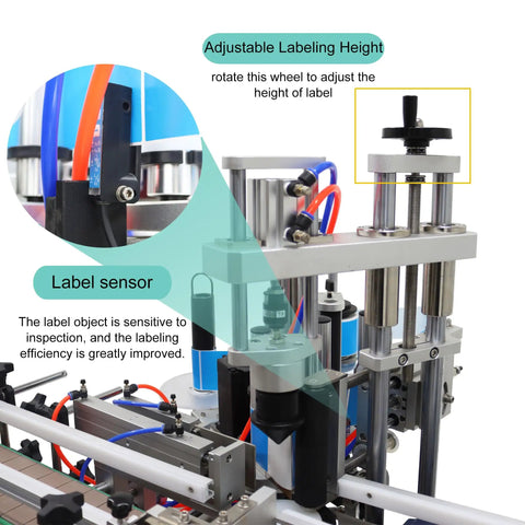 Adjustable height feature and label sensor of No Sweat Automatic Desktop Labeling Machine With Conveyor Belt for precise labeling.