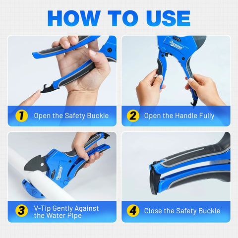 Pacmann PVC pipe cutter with blue and black handle and deburring blade