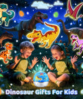 Kids in dinosaur costumes with Dinosaur Story Projector And Bluetooth 5.0 Speaker For Kids Room, 15 Film Reels With Dynamic Moving Images.