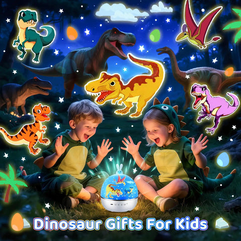 Kids in dinosaur costumes with Dinosaur Story Projector And Bluetooth 5.0 Speaker For Kids Room, 15 Film Reels With Dynamic Moving Images.