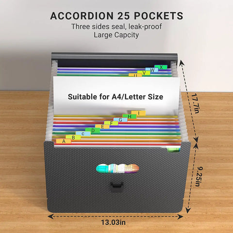 Grab And Go Expandable Accordion File Folder Boasting 25 Roomy Pockets A Heavy Duty Plastic Carry Handle Bright Index Tabs And Seamless Doc Sorting For Bills Daily Mail And A4 Letters Truly A Slick Setup showing 25 colored sections and a large black exterior.