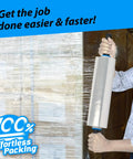 Person using One Roll 15 Inch Wide 900 Ft Clear Heavy Duty Plastic Stretch Wrap For Shipping And Moving Pro Grade Extra Durable Shrink Film