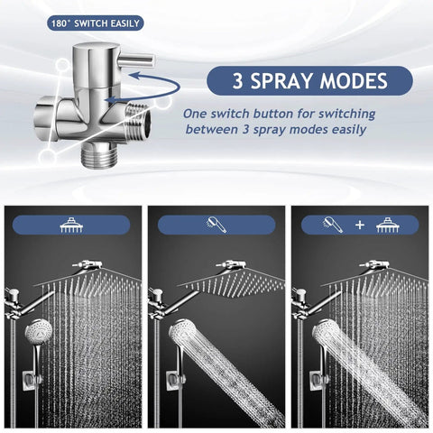 Massive 10 Inch Rain Shower Head and 5 Settings High Pressure Handheld Shower System in Chrome 3 spray modes display.
