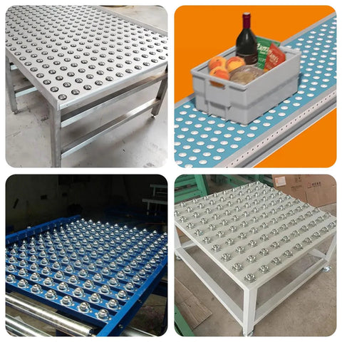 Conveyor setups with flange-mounted ball transfer units, showcasing 32-Piece 1 Inch Roller Ball Transfer Bearing Set With Flange Mounted Carbon Steel Round Ball Transfer Units For Universal Rotation Ball Casters For Conveyors Roller Stands And Transmissions Load Capacity 400 Lbs