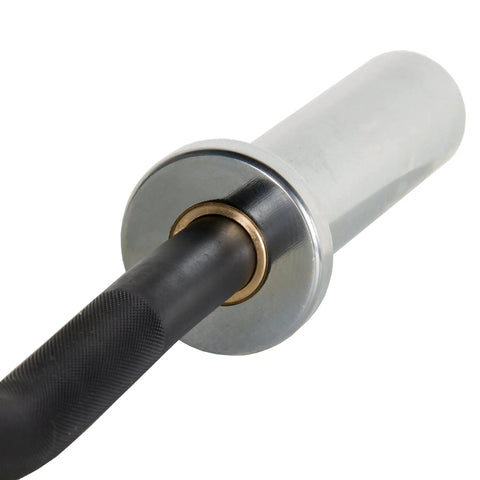 Close-up of Olympic EZ Curl Bar For Home Gym Workouts, showing durable chrome sleeves and knurled 28 mm grip.