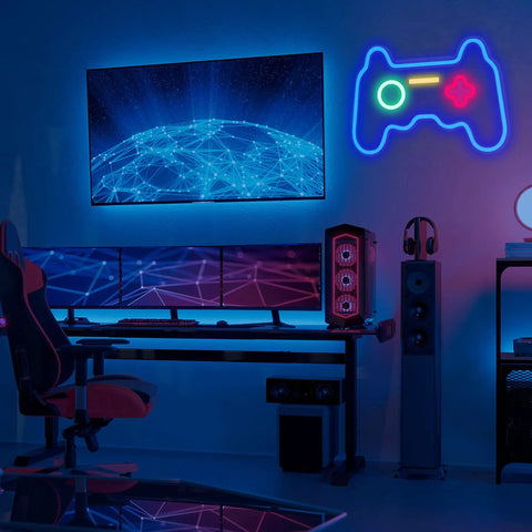Christmas Gamepad Neon Sign For Gamers 16 By 11 Inches USB Powered LED Light glowing on wall of gaming setup