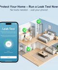 Smart Water Monitor With Auto Shutoff Ultrasonic Micro Leak Detection WiFi App Control Real Time Flow And Pressure Monitoring 24/7 Usage Reports 0.01 GPM Sensitivity Fits 3/4 Inch And 1 Inch Pipes leak test screen in home interior