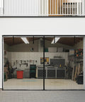 Garage Door Screen For 2 Car 16x7 Feet Retractable Magnetic Self Closing Mesh Net on a two-car garage, visible outdoor view