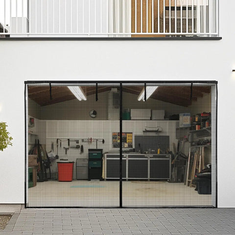 Garage Door Screen For 2 Car 16x7 Feet Retractable Magnetic Self Closing Mesh Net on a two-car garage, visible outdoor view