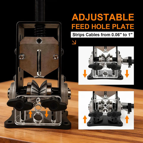 Manual Wire Stripper Machine For 0.06 To 1 Inch Wires, adjustable feed hole plate, aluminum alloy frame