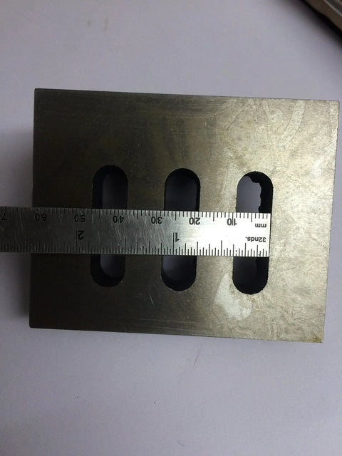 Cast iron slotted angle plate, 3 x 2 x 2.5 in, stress-relieved; front view with three rounded slots