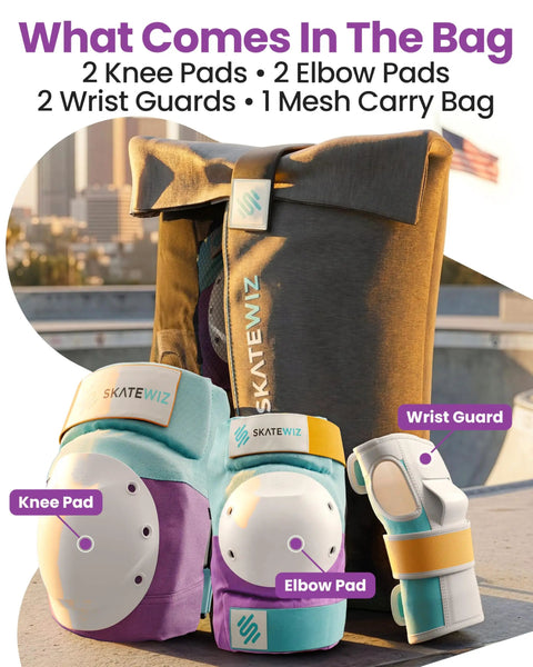 Bike Knee Pads For Skating Pro Grade Shield Safe Gear For Skateboard Roller Inline Skating Adults Size Medium Large Lavender Blue Includes Wrist Guards And Elbow Pads with carry bag