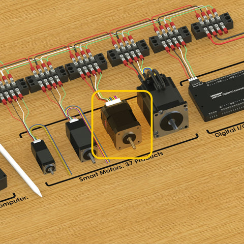 NEMA-17 integrated servo stepper motor with encoder on a DIY motion-control bench; black aluminum body and wiring.