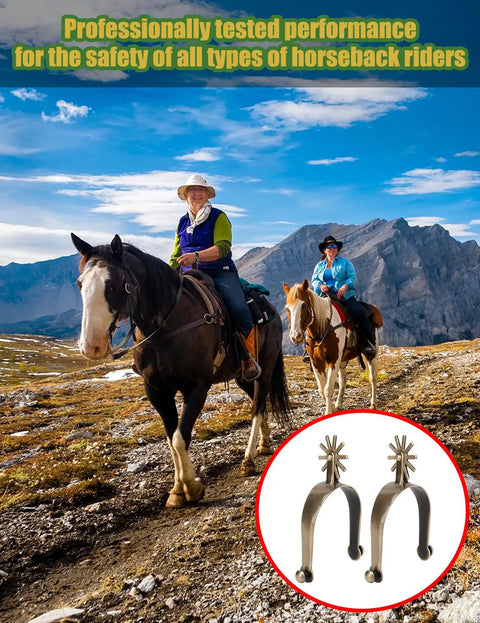 Old School Western Cowboy Spurs For Men With Rotating Rowels In Antique Gold Zinc Alloy Lightweight Spur Gear shown with horse riders