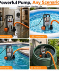 Heavy Duty Submersible Sump Pump With Automatic Float Switch powers through water jobs in flooded basement, pool, and rain barrel.