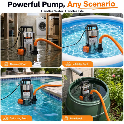 Heavy Duty Submersible Sump Pump With Automatic Float Switch powers through water jobs in flooded basement, pool, and rain barrel.