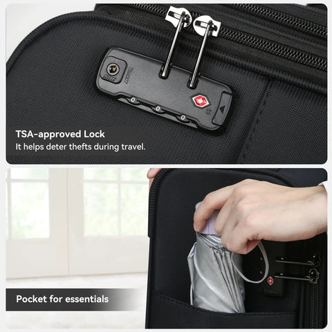 TIAWOLT 16-inch black soft-side underseat carry-on luggage with TSA lock; close-up of lock and side pocket.