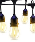 Close-up of Linkable LED String Lights with Remote for Indoor Outdoor Use, 24 Ft Color Changing Patio Lighting, 8 Plastic E26 Bulbs, Water Resistant.