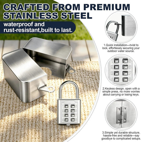 Heavy Duty Outdoor Faucet Lock For 1 To 2.95 Inch Valve Handles, Stainless Steel Water Spigot Lock To Stop Tampering And Wasting Water, Built Tough No Nonsense Security You Can Count On. Stainless steel lock with keypad and cover.