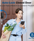 Person using app to control Keyless Fingerprint Door Lock With 6 Ways To Unlock For Front Door No Key Hassle High Tech Smart Deadbolt