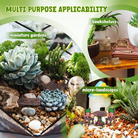 Miniature Fairy Garden Furniture Set Of 10 Resin Tables And Chairs For Terrariums And Dollhouses Rustic Wood Grain Look With Realistic Painted Details Totally Adorable For Succulents Moss And Landscape Garden Decor in various settings.