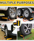 Heavy Duty Rubber Wheel Chocks For RV And Trailer 4 Pack With Rope And Reflective Strips non slip grip tire stopper in use