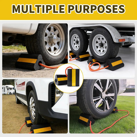 Heavy Duty Rubber Wheel Chocks For RV And Trailer 4 Pack With Rope And Reflective Strips non slip grip tire stopper in use